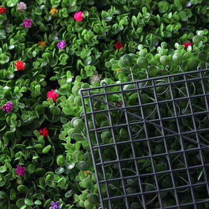 11 Sq ft. | 4 Panels Artificial Boxwood Hedge Faux Genlisea With Colorful Flowers Foliage Green Garden Wall Mat
