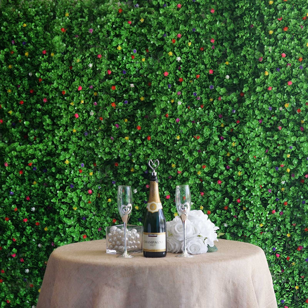 11 Sq ft. | 4 Panels Artificial Boxwood Hedge Faux Genlisea With Colorful Flowers Foliage Green Garden Wall Mat