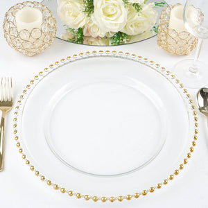 8 Pack | 12&quot; Round Gold Beaded Rim Glass Charger Plates