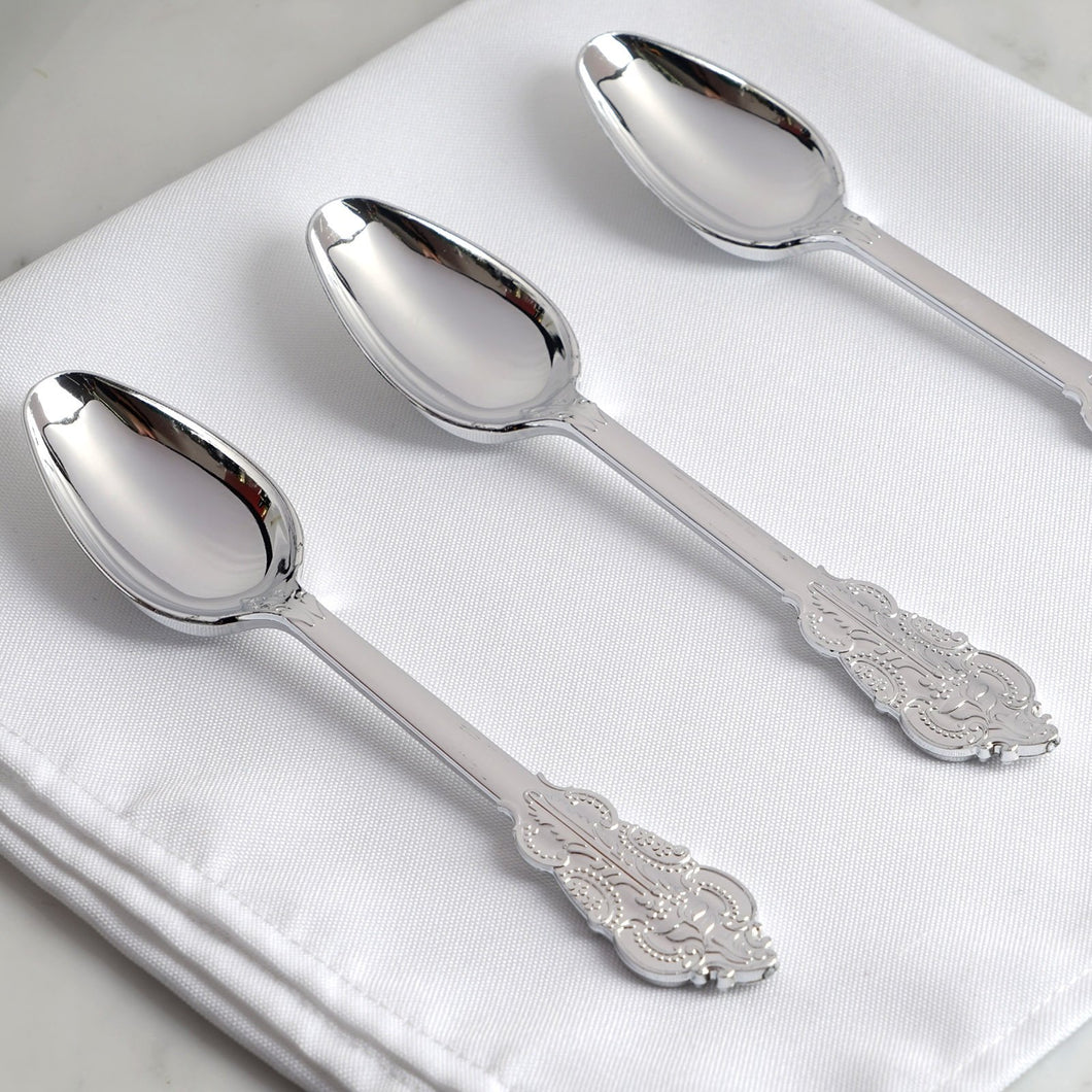 24 Pack |  7" Metallic Silver Baroque Disposable Cutlery Plastic Spoons