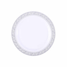 Load image into Gallery viewer, 10 Pack 9&quot; White Disposable Round Dinner Plate With Silver Floral Rim