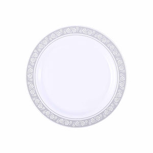 10 Pack 9&quot; White Disposable Round Dinner Plate With Silver Floral Rim