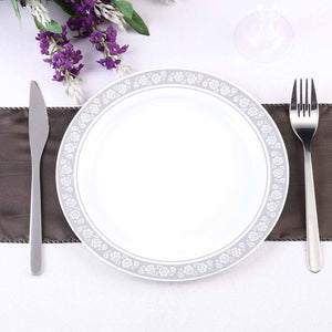 10 Pack 9&quot; White Disposable Round Dinner Plate With Silver Floral Rim