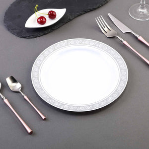 10 Pack 9&quot; White Disposable Round Dinner Plate With Silver Floral Rim