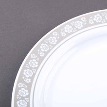 Load image into Gallery viewer, 10 Pack 9&quot; White Disposable Round Dinner Plate With Silver Floral Rim