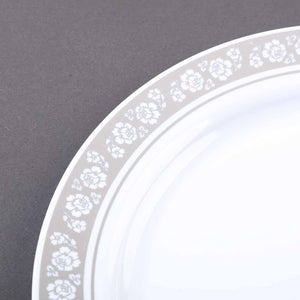 10 Pack 9&quot; White Disposable Round Dinner Plate With Silver Floral Rim