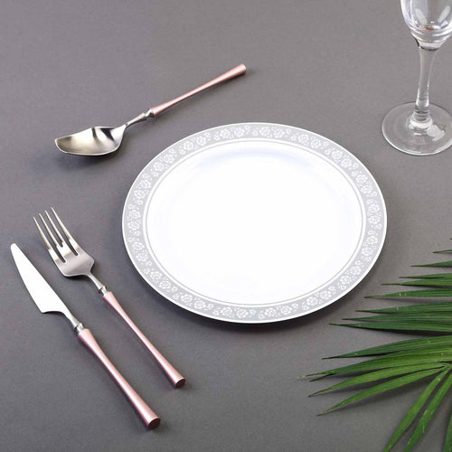 10 Pack 9" White Disposable Round Dinner Plate With Silver Floral Rim