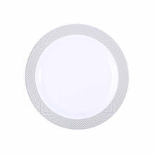 Load image into Gallery viewer, 10 Pack 9&quot; White Disposable Round Dinner Plate With Silver Checkered Rim