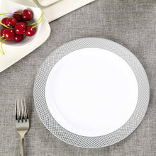 Load image into Gallery viewer, 10 Pack 9&quot; White Disposable Round Dinner Plate With Silver Checkered Rim