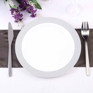 10 Pack 9&quot; White Disposable Round Dinner Plate With Silver Checkered Rim