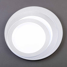 Load image into Gallery viewer, 10 Pack 9&quot; White Disposable Round Dinner Plate With Silver Checkered Rim