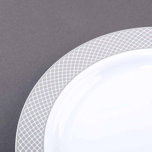 10 Pack 9&quot; White Disposable Round Dinner Plate With Silver Checkered Rim