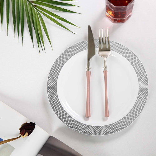 10 Pack 9" White Disposable Round Dinner Plate With Silver Checkered Rim