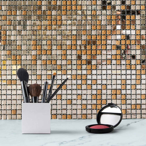 10 Pack | 12"x12" Rose Gold Backsplash Peel and Stick Colored Glass Mosaic Mirror Wall Tiles