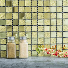 Load image into Gallery viewer, 10 Pack | 12&quot;x12&quot; Gold Backsplash Peel and Stick Colored Glass Mosaic Mirror Wall Tiles