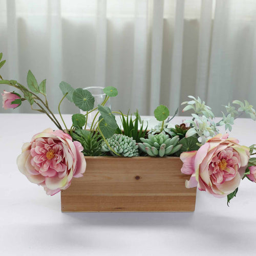 4 Pack | 10x5'' Natural Rectangular Wood Planter Box Set With Removable Plastic Liners