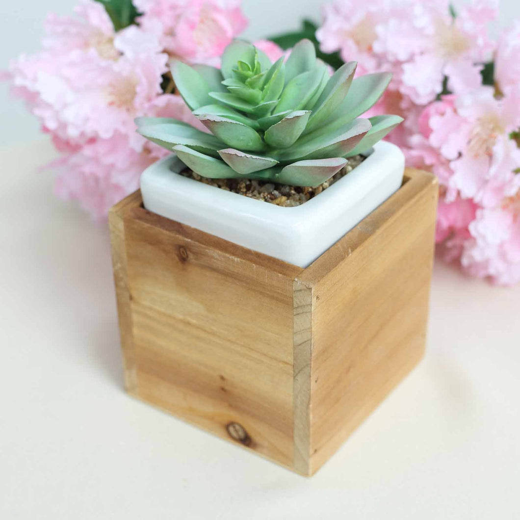 4 Pack | 4'' Natural Square Wood Planter Box Set With Removable Plastic Liners