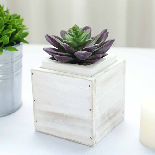 4 Pack | 4'' Whitewash Square Wood Planter Box Set With Removable Plastic Liners
